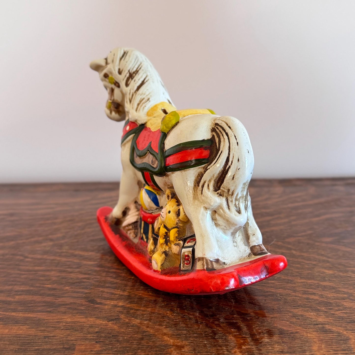 Vintage Enesco Holiday Rocking Horse Bank – Hand-Painted Ceramic Christmas Toy Horse with Teddy Bear & ABC Block