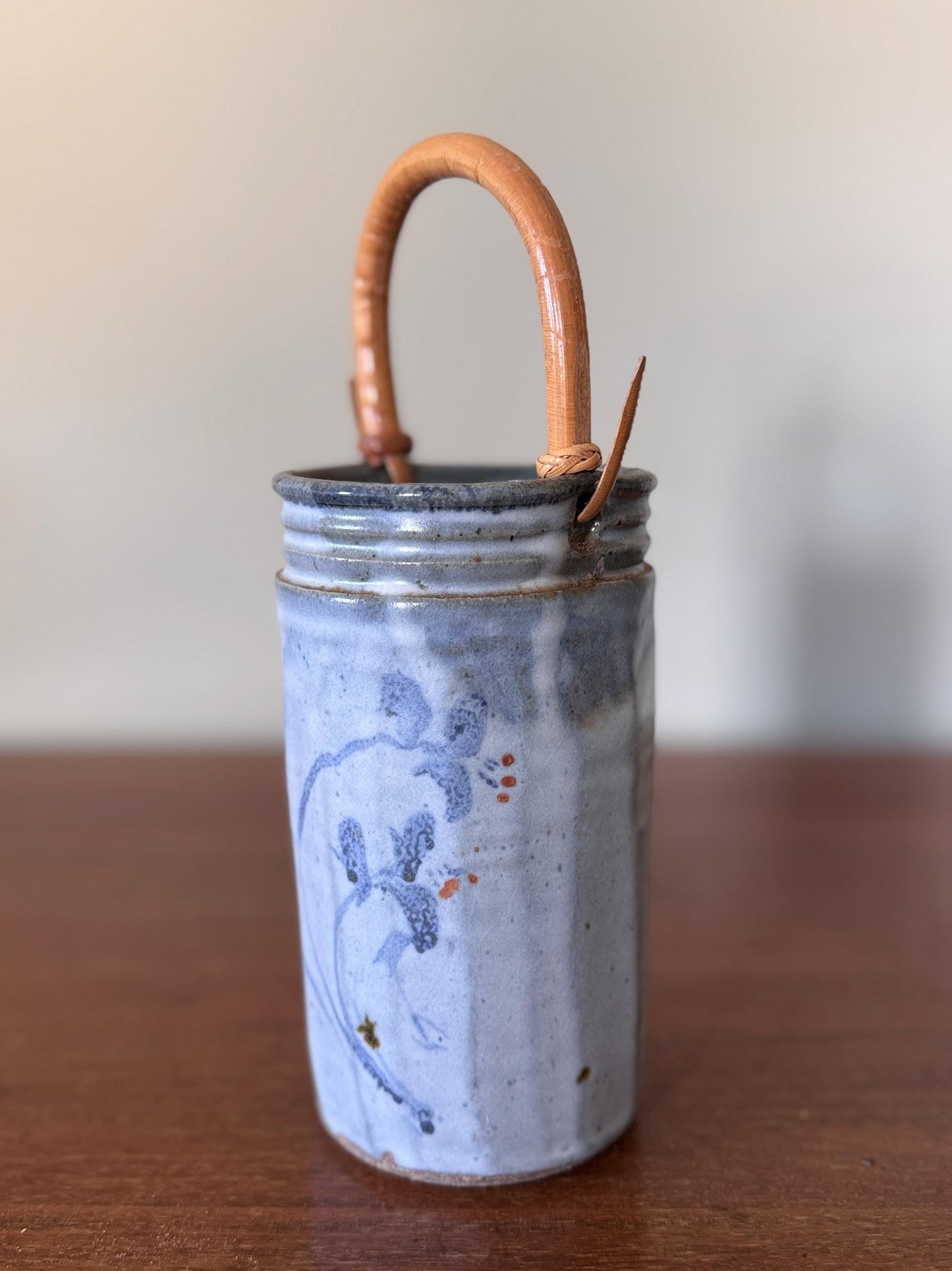Vintage Studio Pottery Vase with Bamboo Handle Hand-Thrown Stoneware Jar with Blue Glaze & Abstract Brushwork