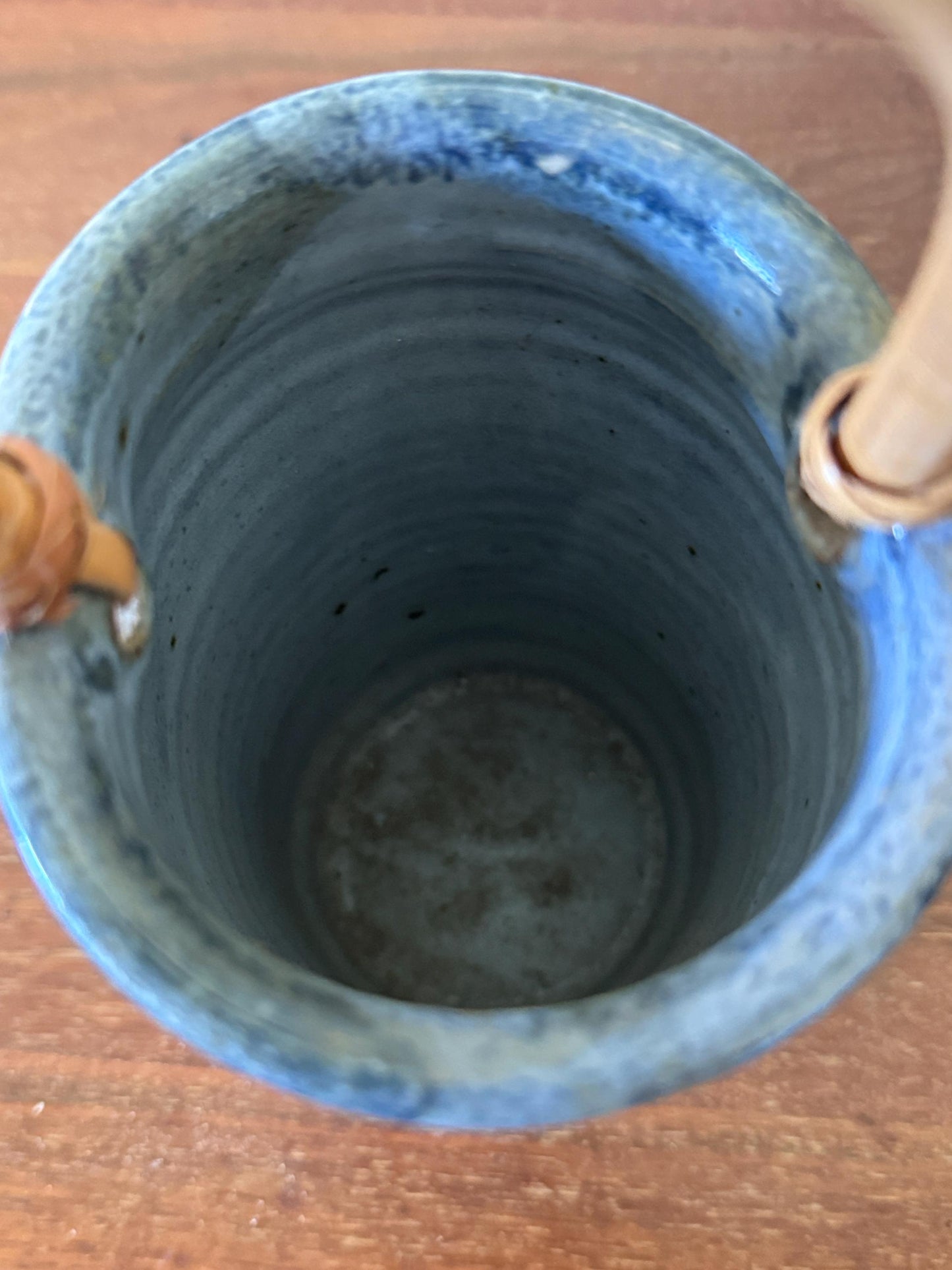 Vintage Studio Pottery Vase with Bamboo Handle Hand-Thrown Stoneware Jar with Blue Glaze & Abstract Brushwork