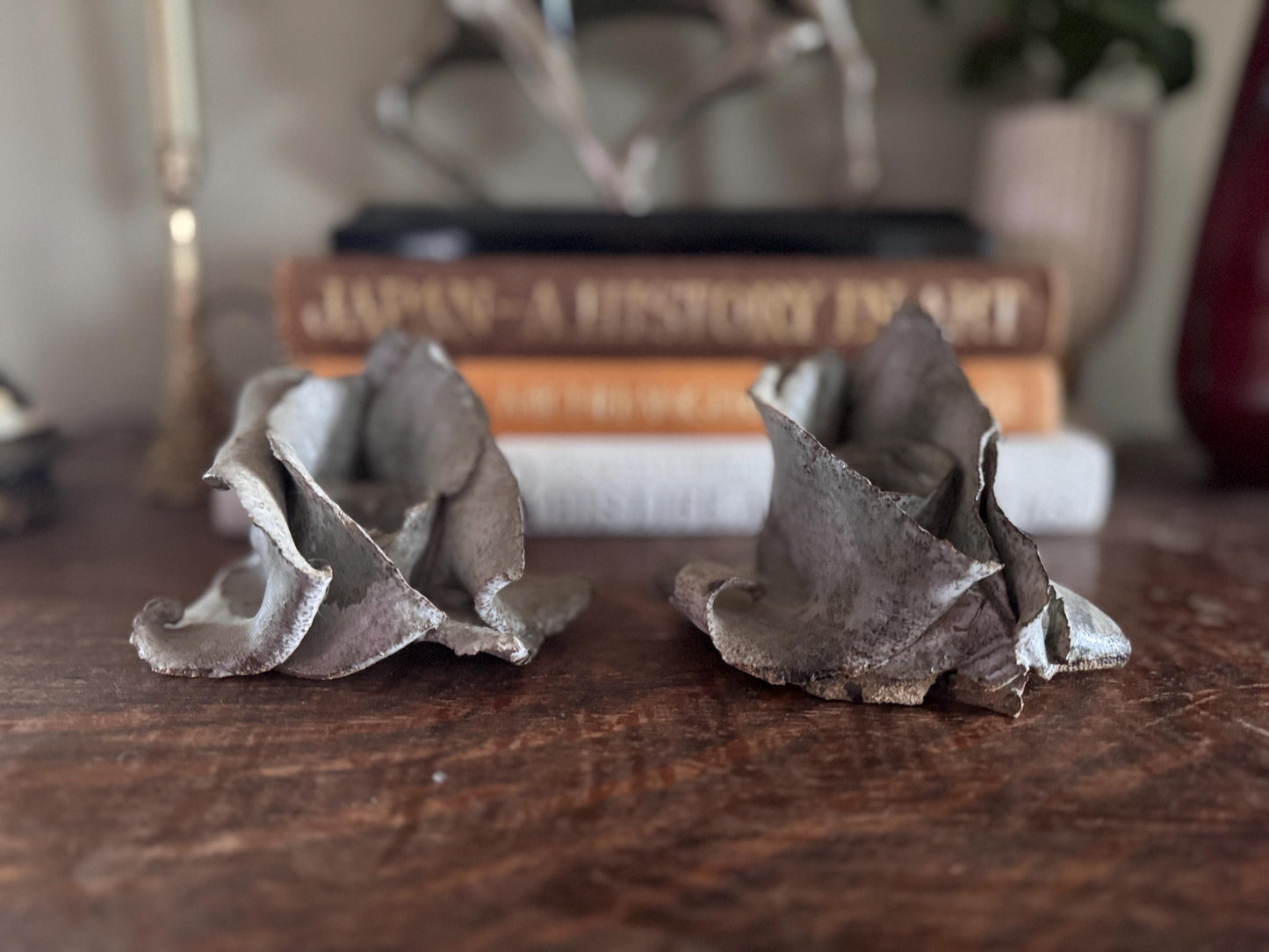 Vintage Sculpted Concrete Candle Holder Set: Rose Flower Design