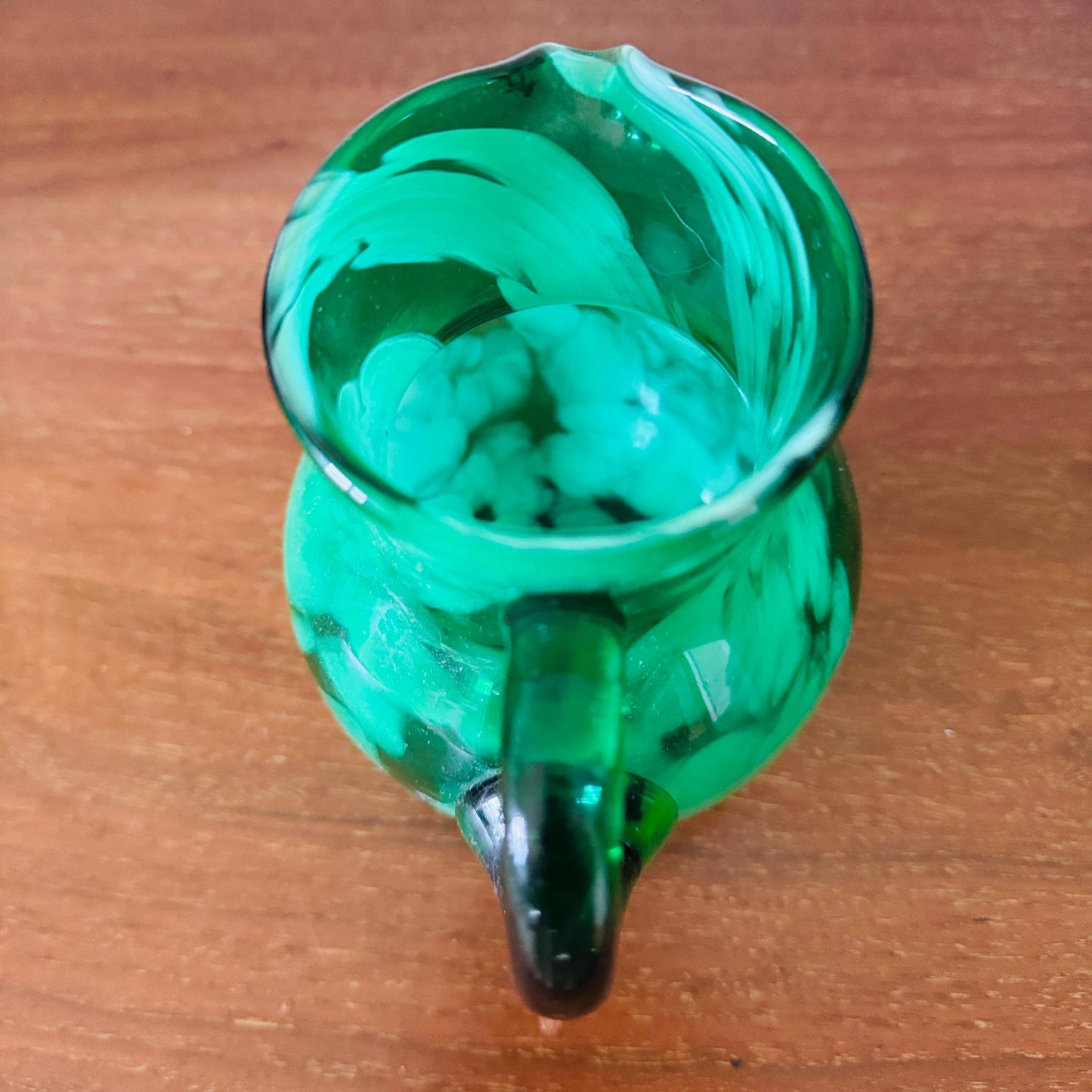 Vintage Hand Blown Jewel Toned Emerald Green Swirl Art Glass Retro Barware