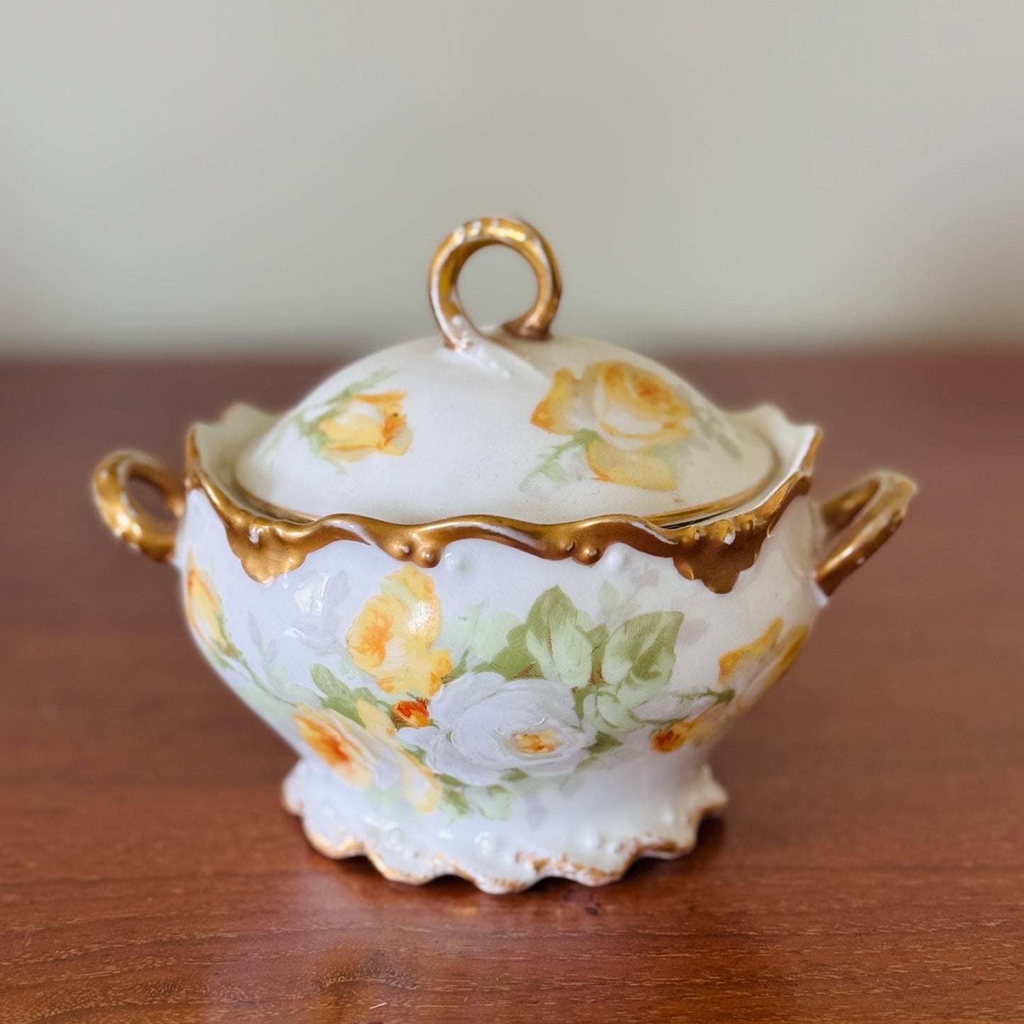 Antique Limoges Porcelain Sugar Bowl – Hand Painted Roses, Gold Trim