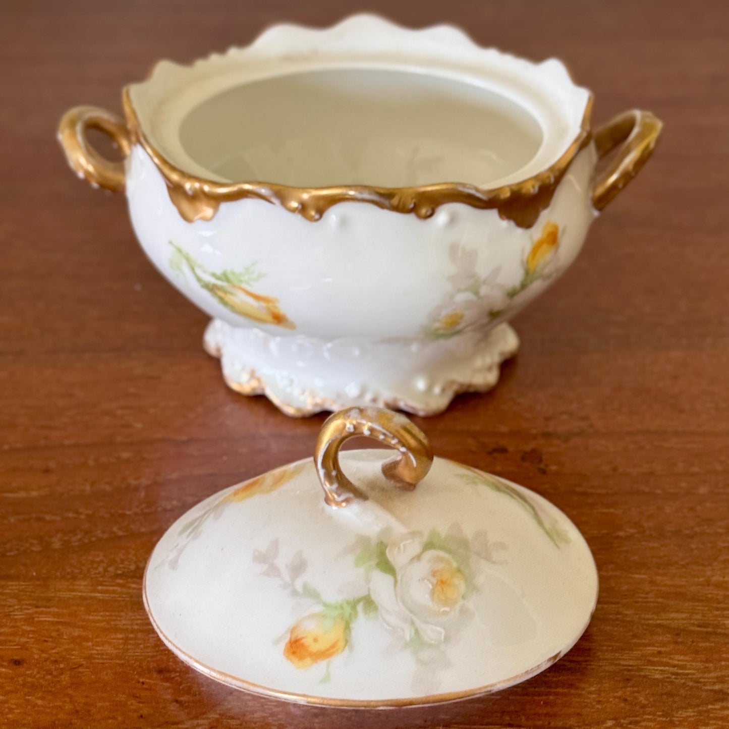 Antique Limoges Porcelain Sugar Bowl – Hand Painted Roses, Gold Trim