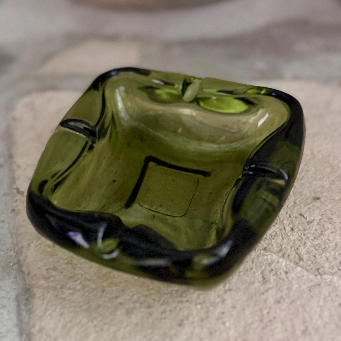 Olive Green Mid-Century Glass Ashtray Catchall – Heavy Retro Sculptural Form