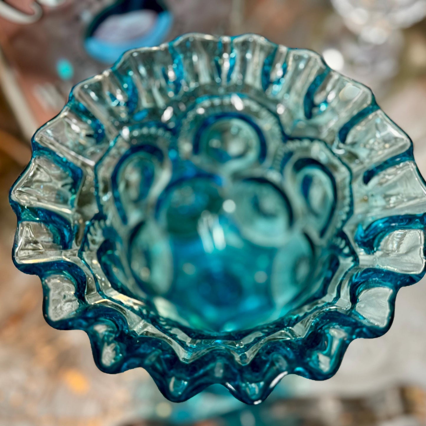 Vintage Moon & Stars Blue Glass Candy Dish - Mid Century Compote Bowl