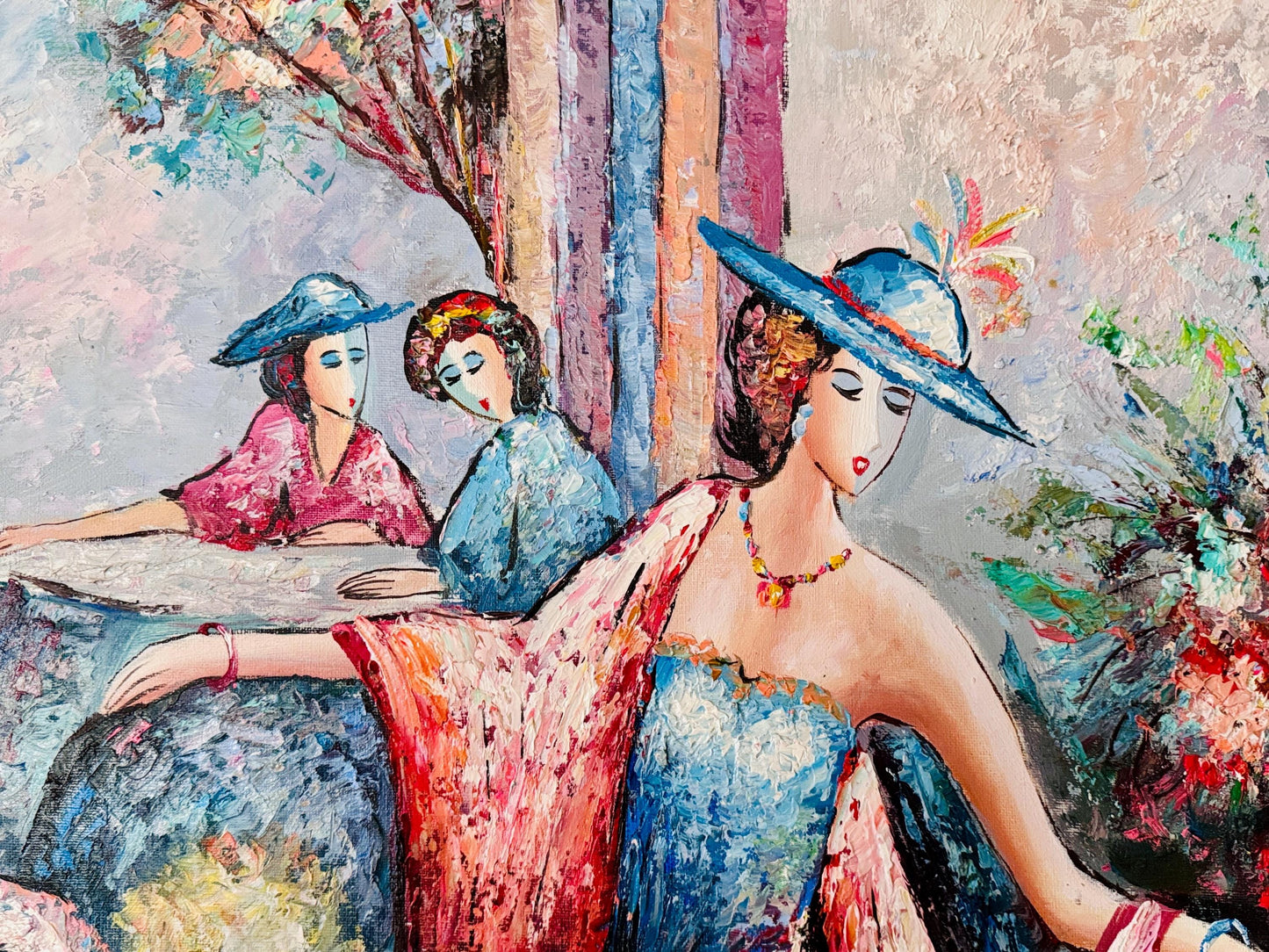 Vintage K. Barnes Oil Painting: Parisian Women with Dog, Floral Impasto Art (20x24)