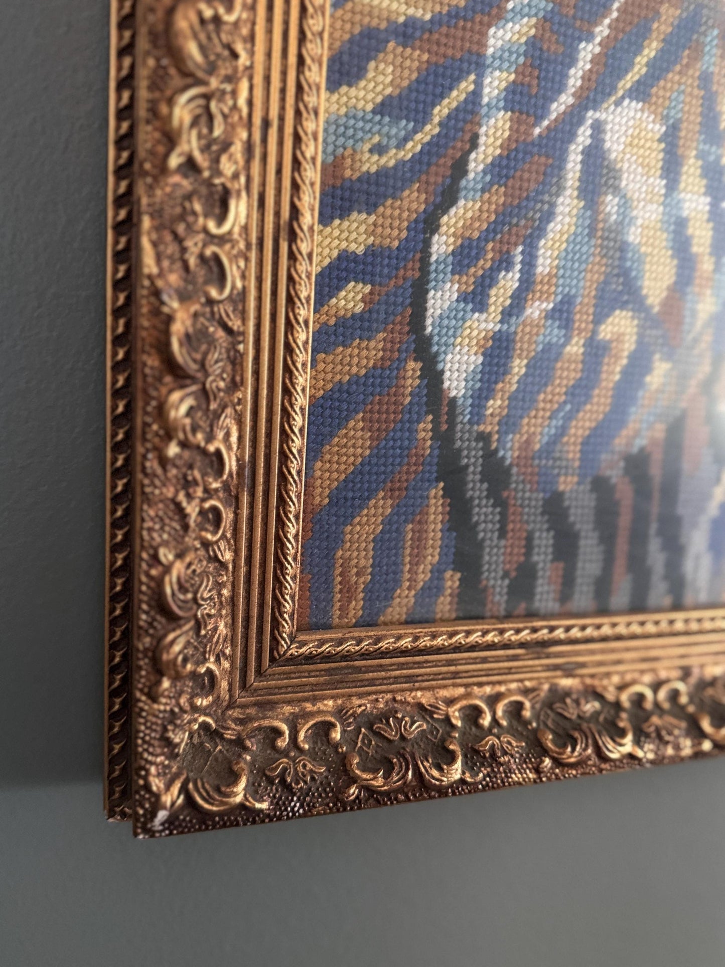 Large Victorian Needlepoint Crewel Fiber Art — Ornate Gold Gilt Frame
