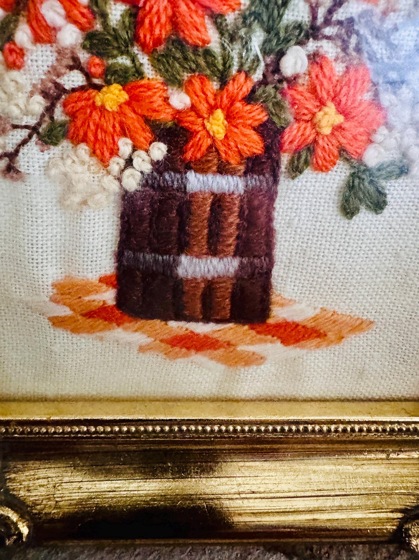 Vintage Crewel Needlepoint Hand-Embroidered Floral Art Framed in Ornate Gold Tone Frame