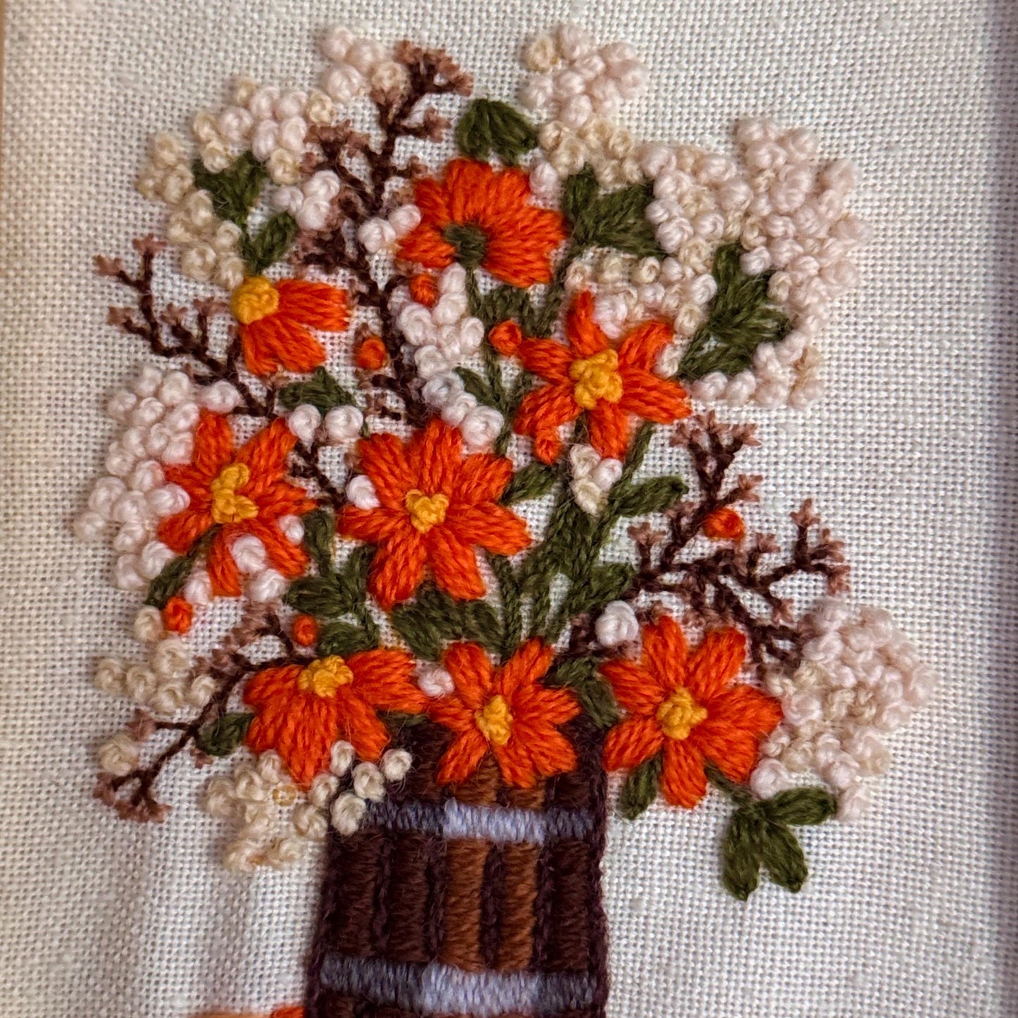 Vintage Crewel Needlepoint Hand-Embroidered Floral Art Framed in Ornate Gold Tone Frame