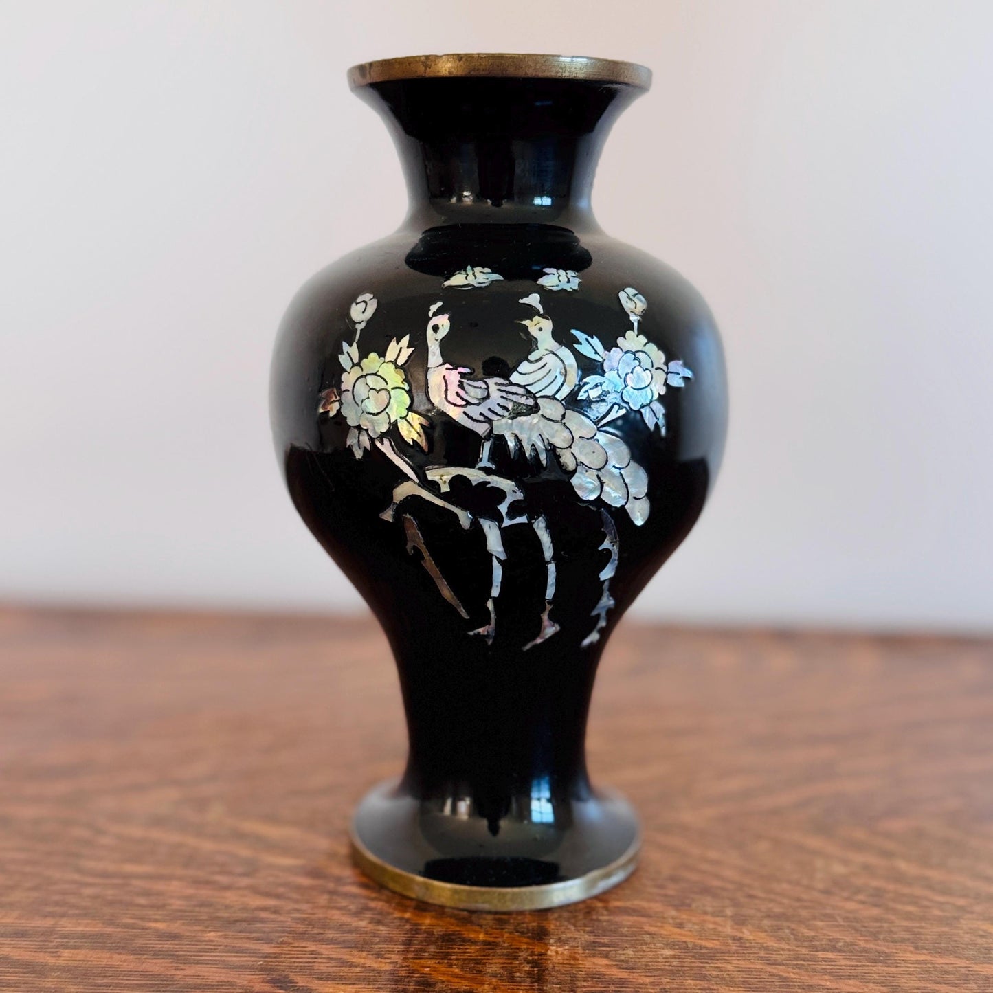 Vintage Korean Mother of Pearl Peacock Black Enamel with Brass Trim Vase