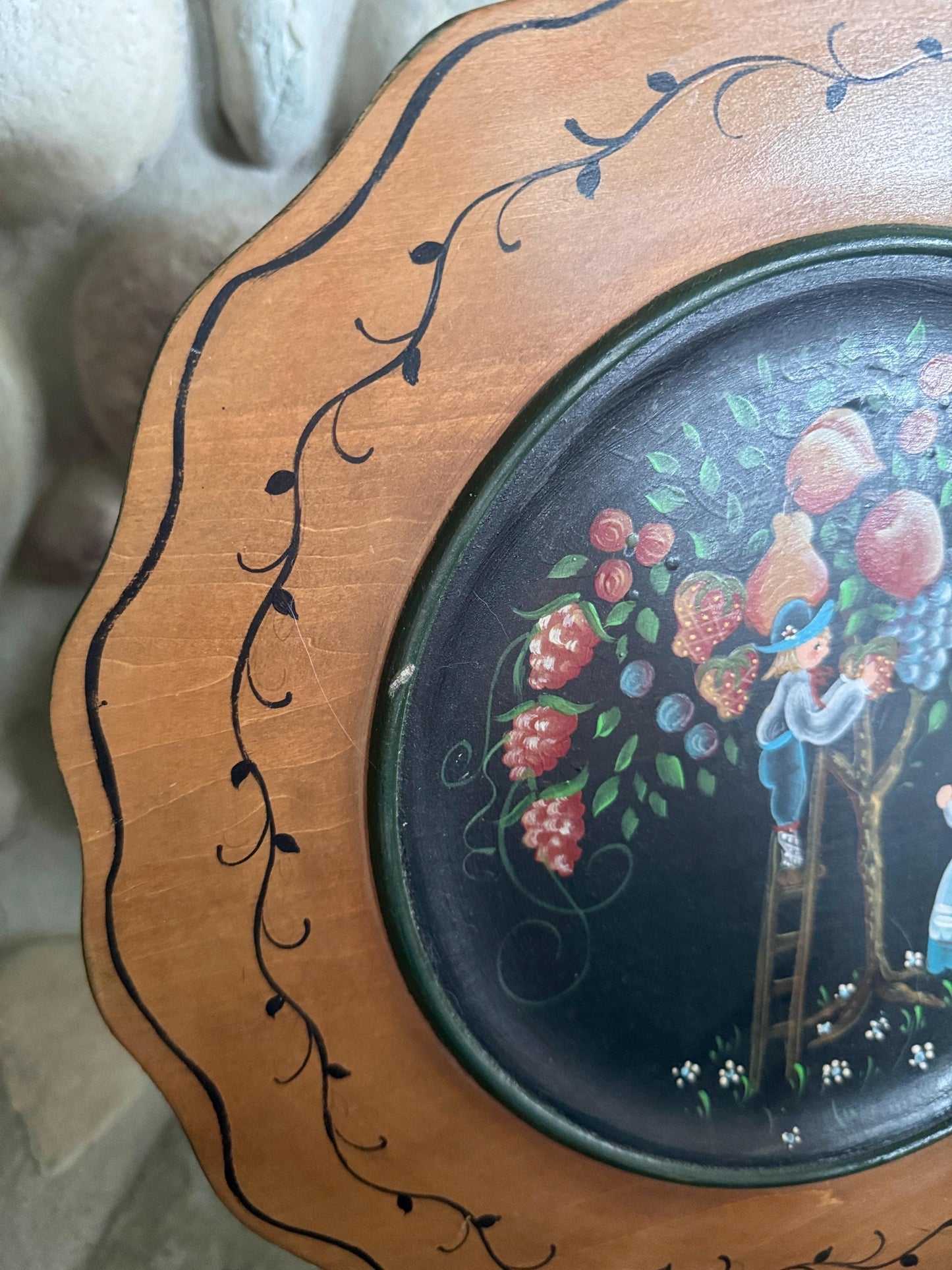 Hand-Painted Folk Art Decorative Wooden Charger Plate Artist Signed Collector Quality