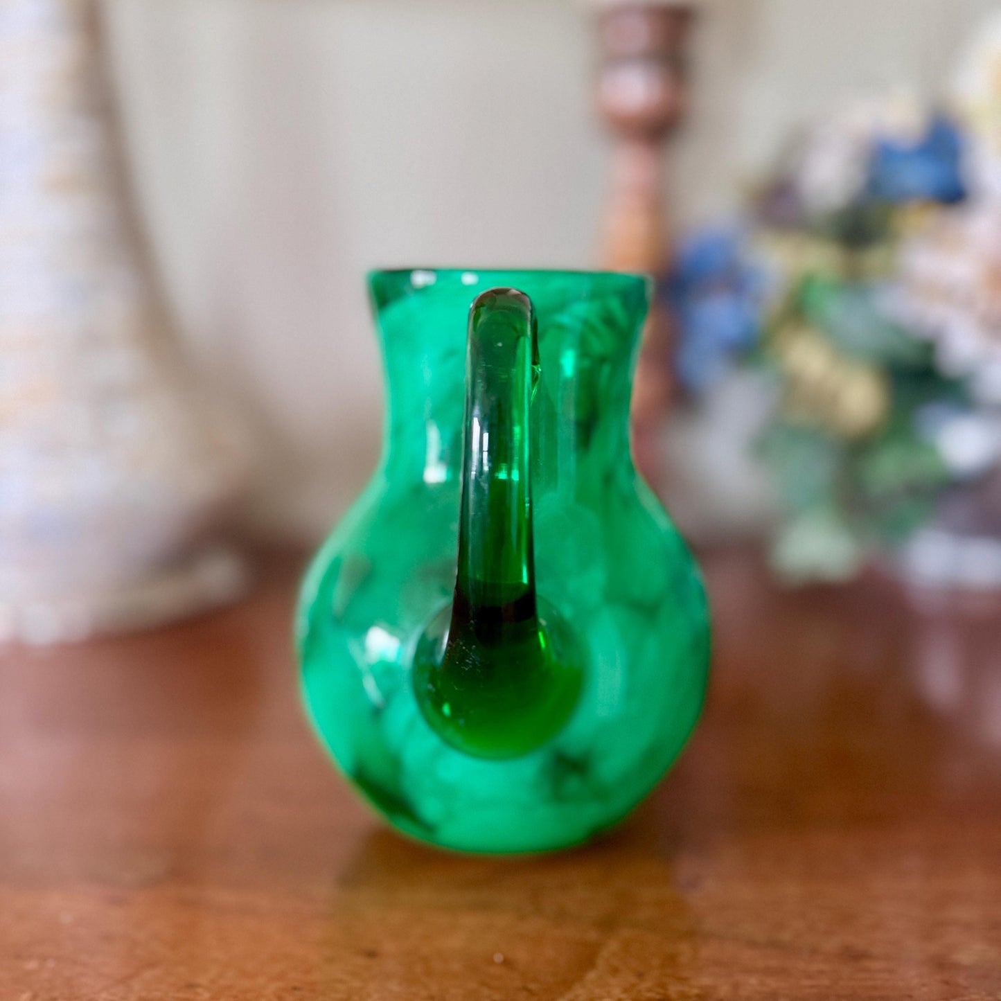 Vintage Hand Blown Jewel Toned Emerald Green Swirl Art Glass Retro Barware