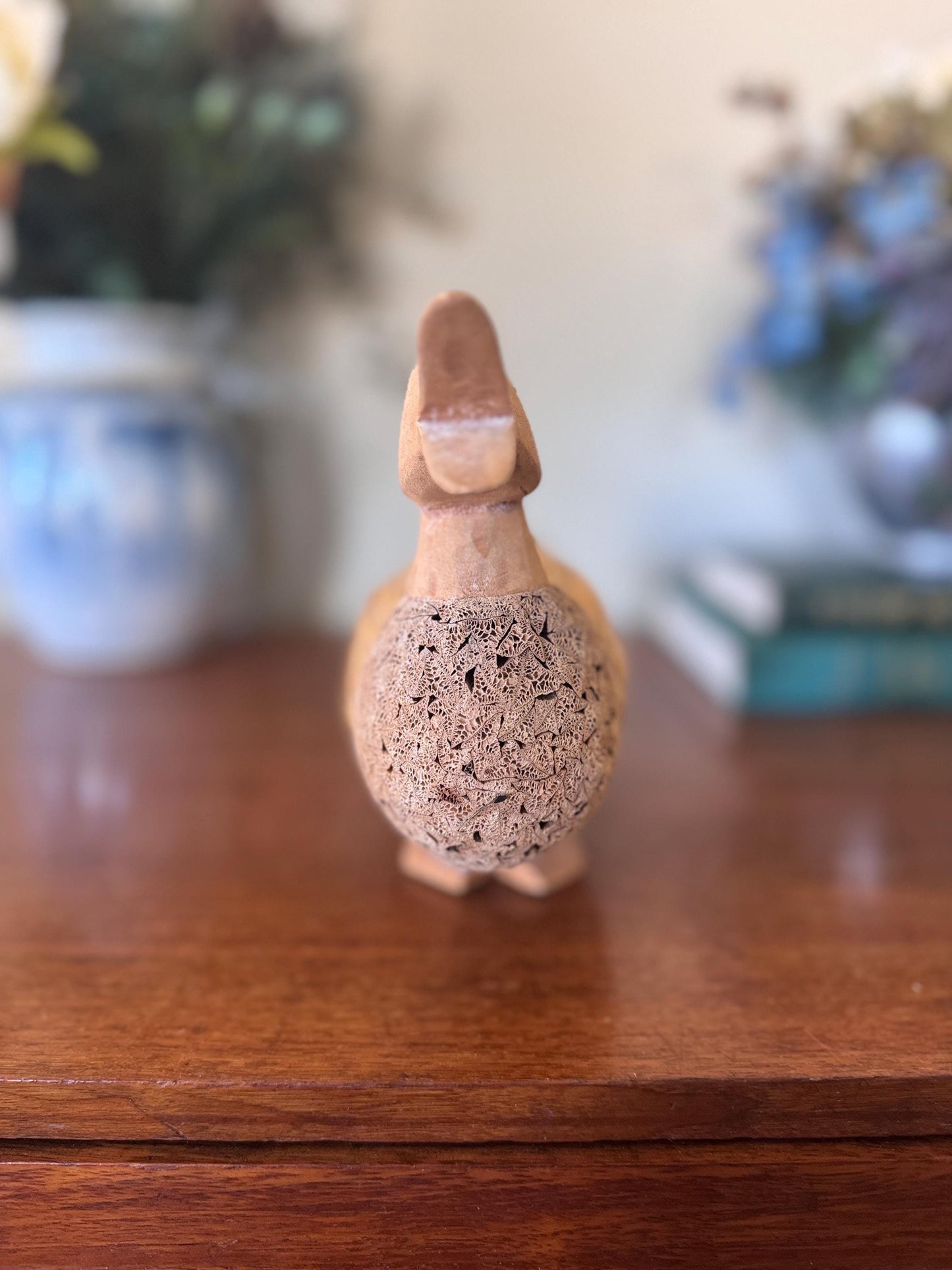 Rustic Wood & Bamboo Duck Sculpture: Farmhouse Folk Art Decor