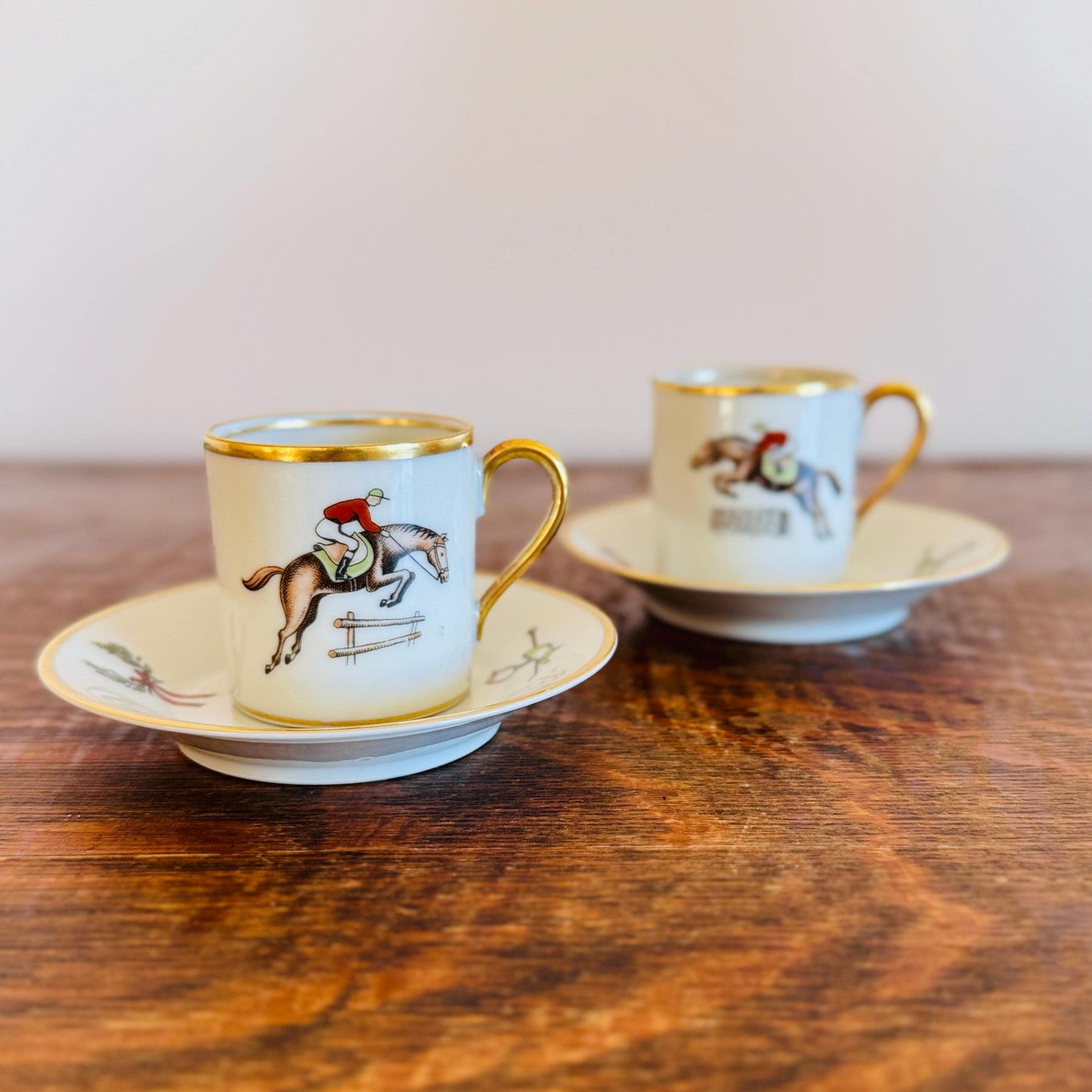 Vintage Horse Rider Set of Hertel Jacob Bavaria Porcelain Demitasse Cups