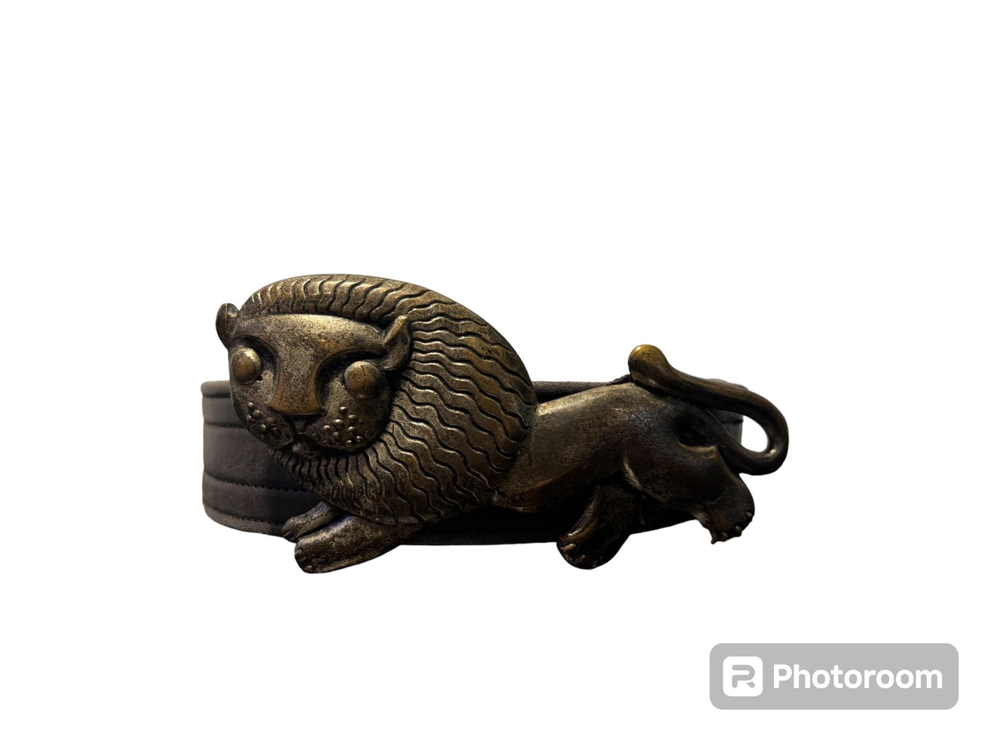 Antique French Lion Belt Buckle: Silver Pewter & Brass, Leather Belt