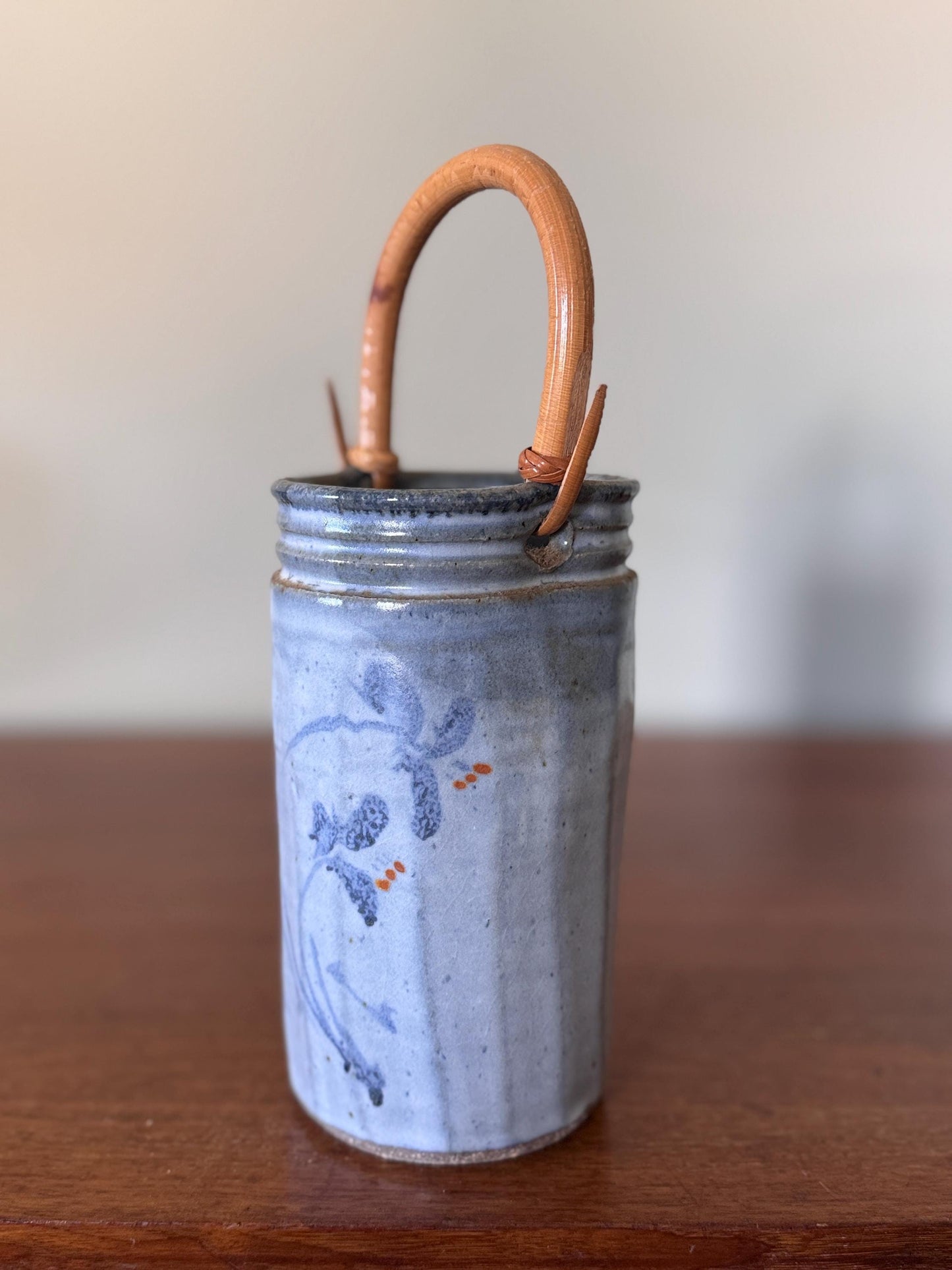 Vintage Studio Pottery Vase with Bamboo Handle Hand-Thrown Stoneware Jar with Blue Glaze & Abstract Brushwork