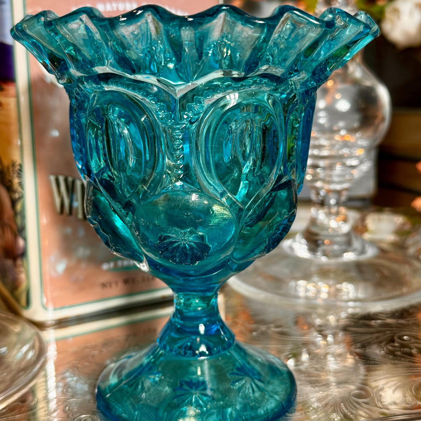 Vintage Moon & Stars Blue Glass Candy Dish - Mid Century Compote Bowl