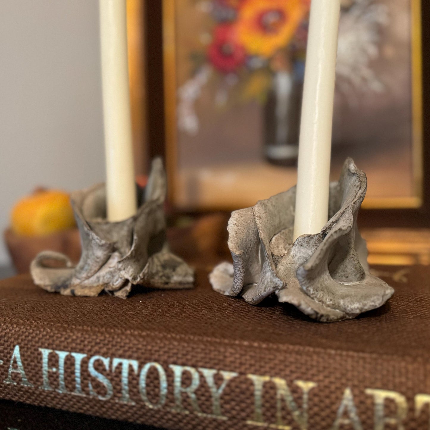 Vintage Sculpted Concrete Candle Holder Set: Rose Flower Design