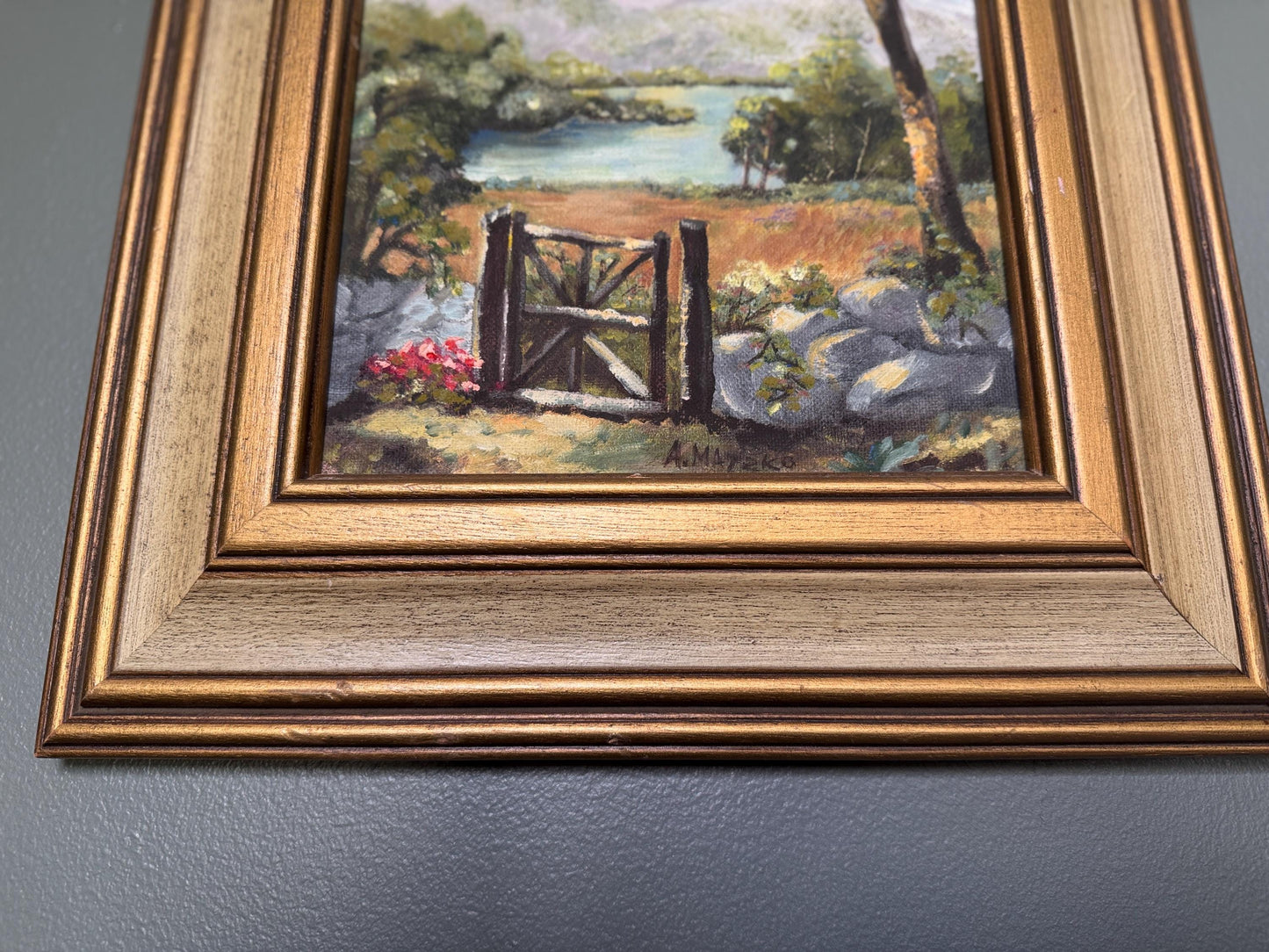Vintage Framed Oil Painting: Rustic Country Landscape by Ann Matzko