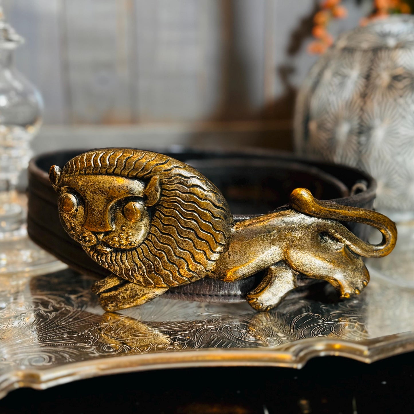 Antique French Lion Belt Buckle: Silver Pewter & Brass, Leather Belt