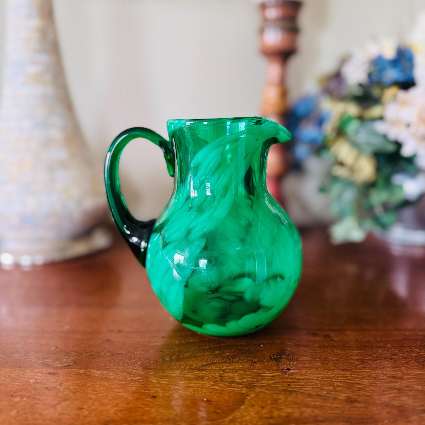 Vintage Hand Blown Jewel Toned Emerald Green Swirl Art Glass Retro Barware