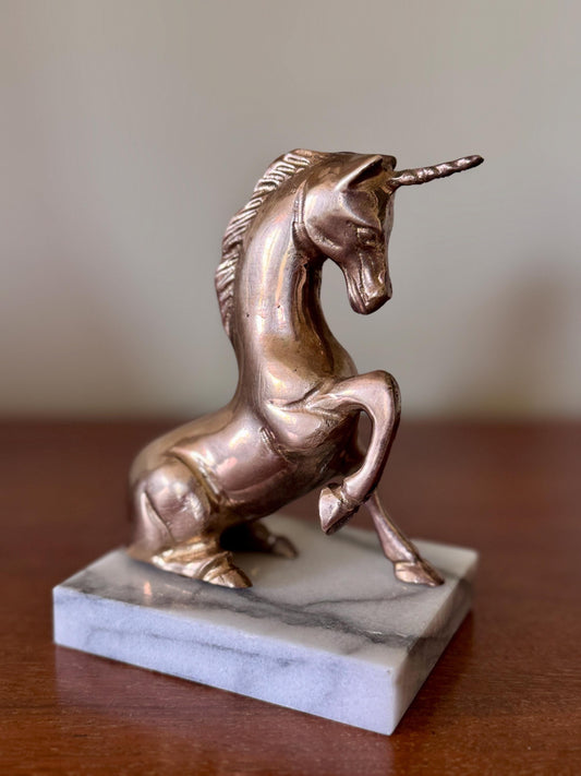 Vintage Brass Unicorn Sculpture on Marble Base Mythical Decor, 1970’s Decor