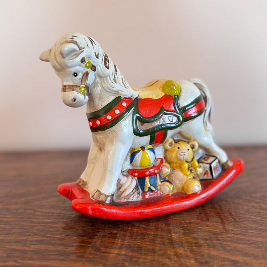 Vintage Enesco Holiday Rocking Horse Bank – Hand-Painted Ceramic Christmas Toy Horse with Teddy Bear & ABC Block