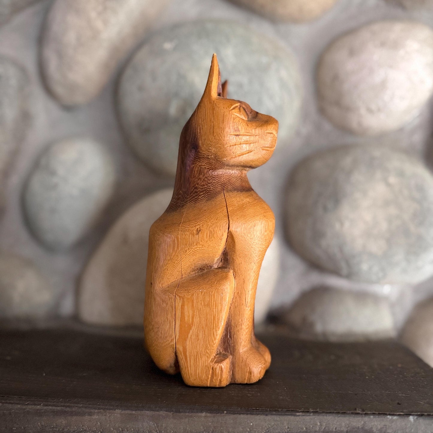 Vintage Hand Carved Wooden Mid Century Modern Cat Sculpture