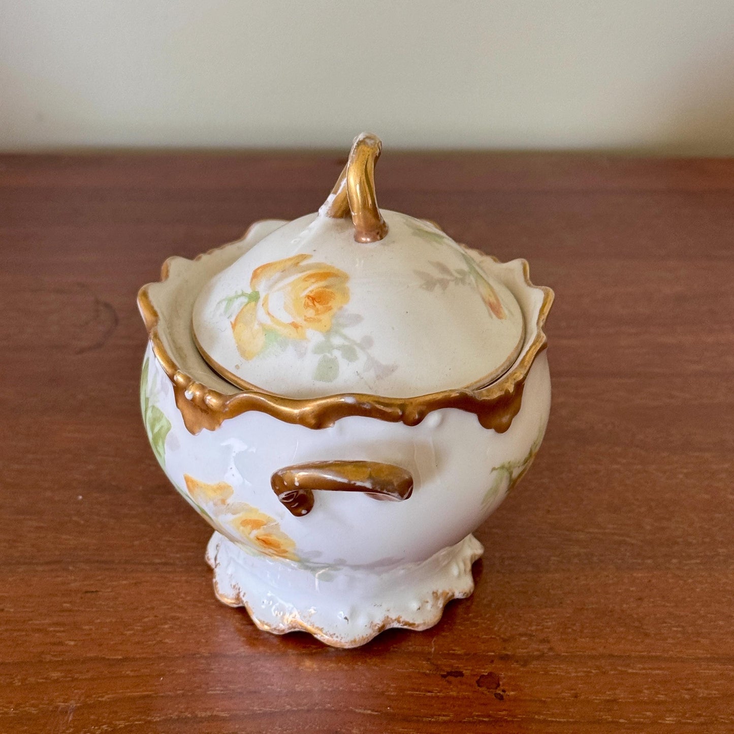 Antique Limoges Porcelain Sugar Bowl – Hand Painted Roses, Gold Trim