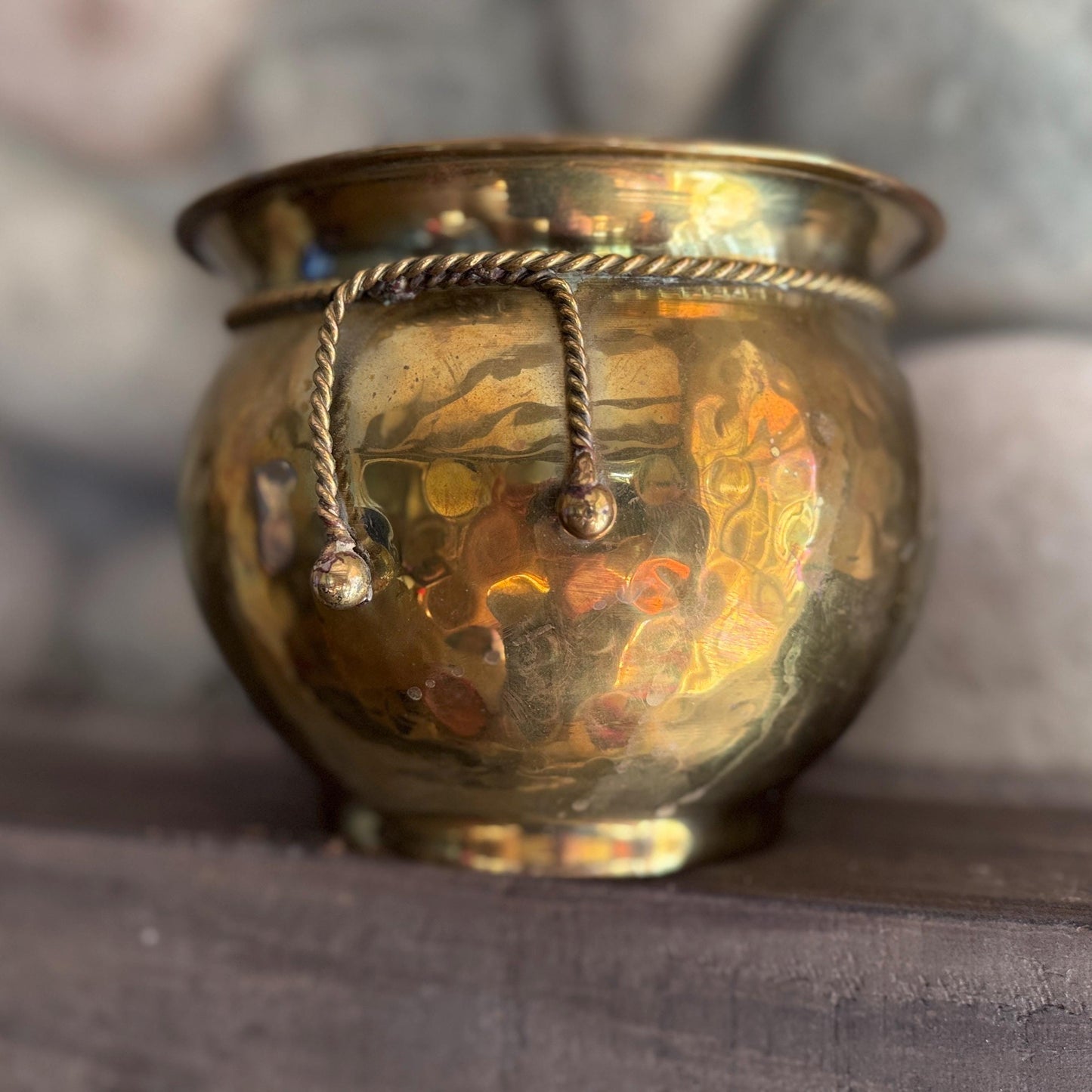 Vintage Hammered Brass Pot with Rope Detail: Boho Planter Bowl