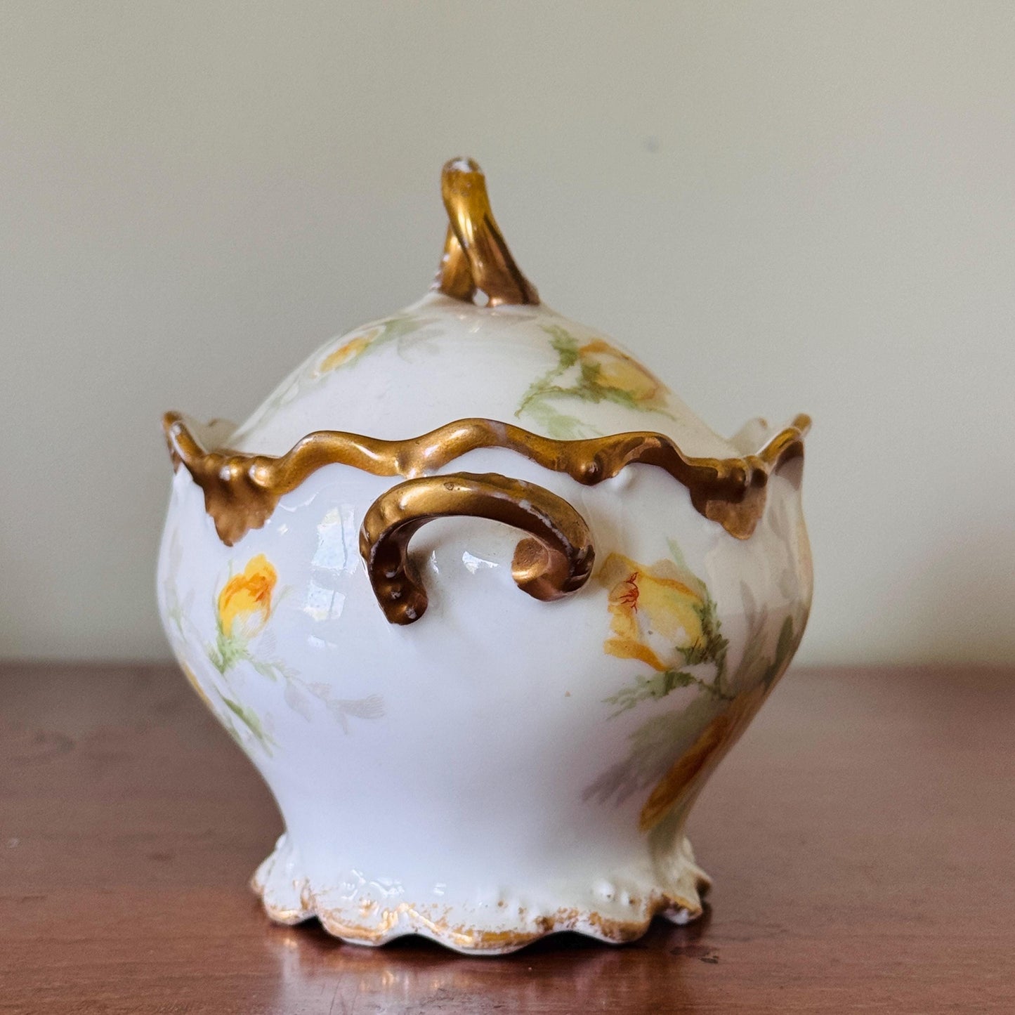 Antique Limoges Porcelain Sugar Bowl – Hand Painted Roses, Gold Trim