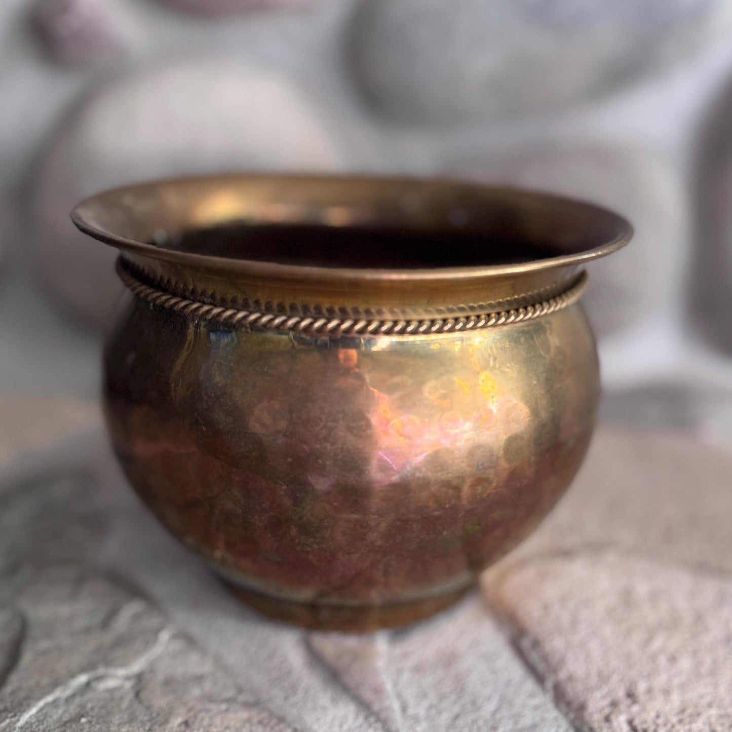 Vintage Hammered Brass Pot with Rope Detail: Boho Planter Bowl