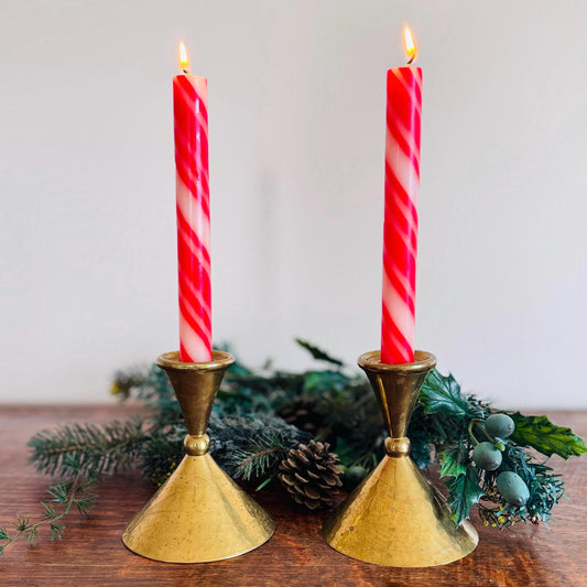 Vintage Hammered Brass Bell-Shaped Candle Holders – Mid-Century Modern Pair, Made in India, Holiday Mantel Decor, Gold Taper Holders