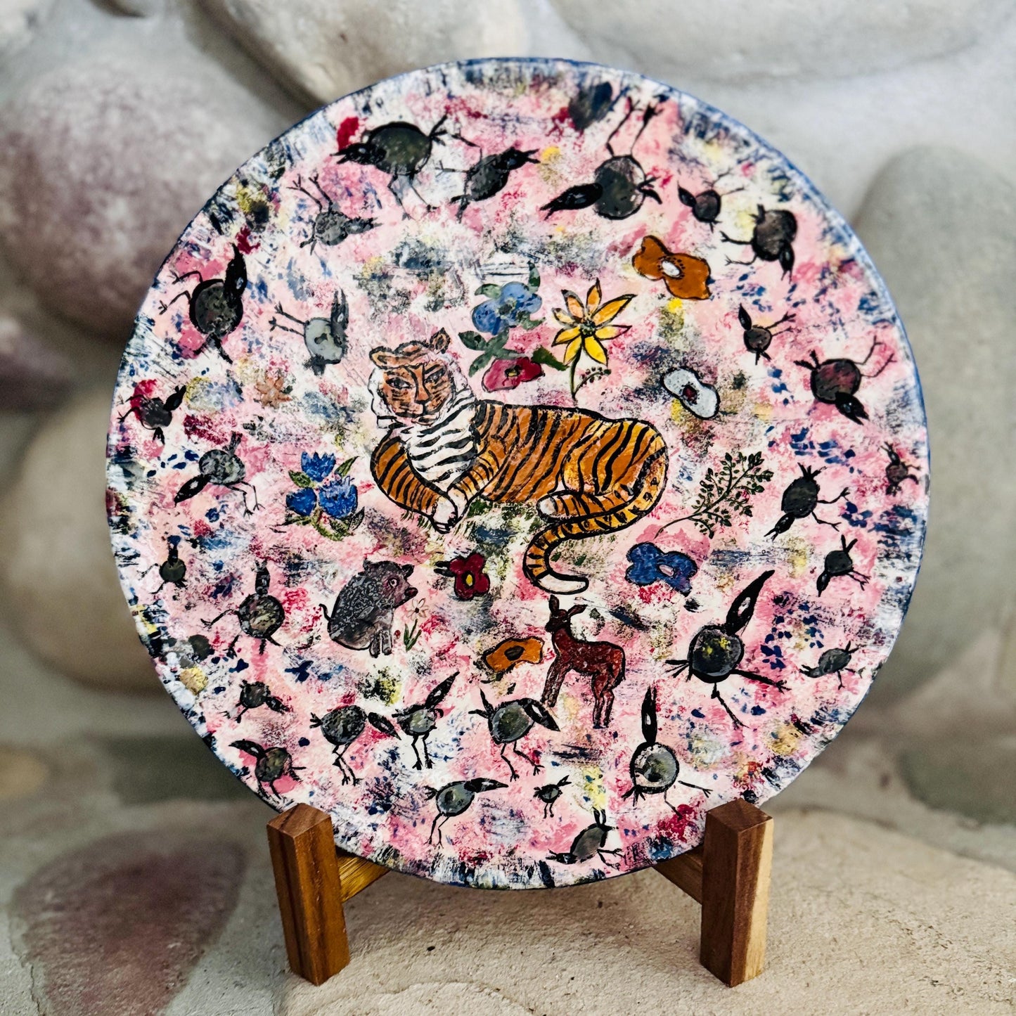 Hand-Painted Tiger Ceramic Plate: 1973 Signed Folk Art Decor