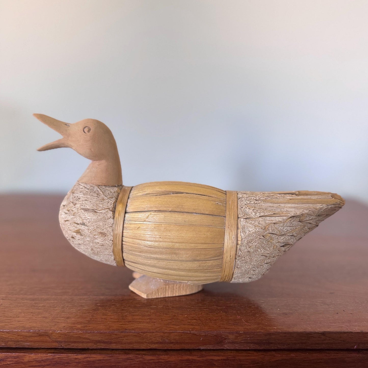 Rustic Wood & Bamboo Duck Sculpture: Farmhouse Folk Art Decor