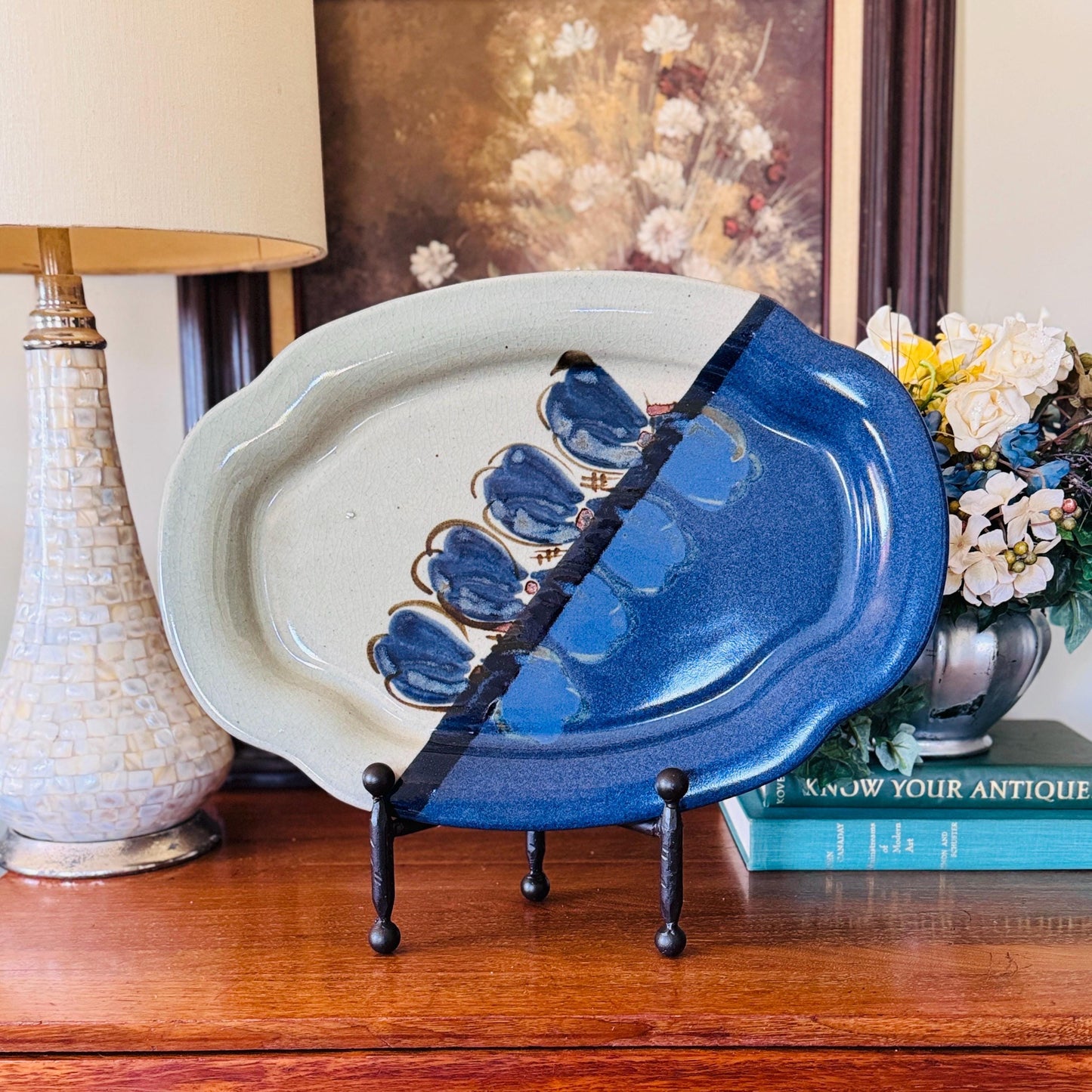 Vintage Chatham Pottery Platter – Hand-Painted Floral Stoneware Serving Tray