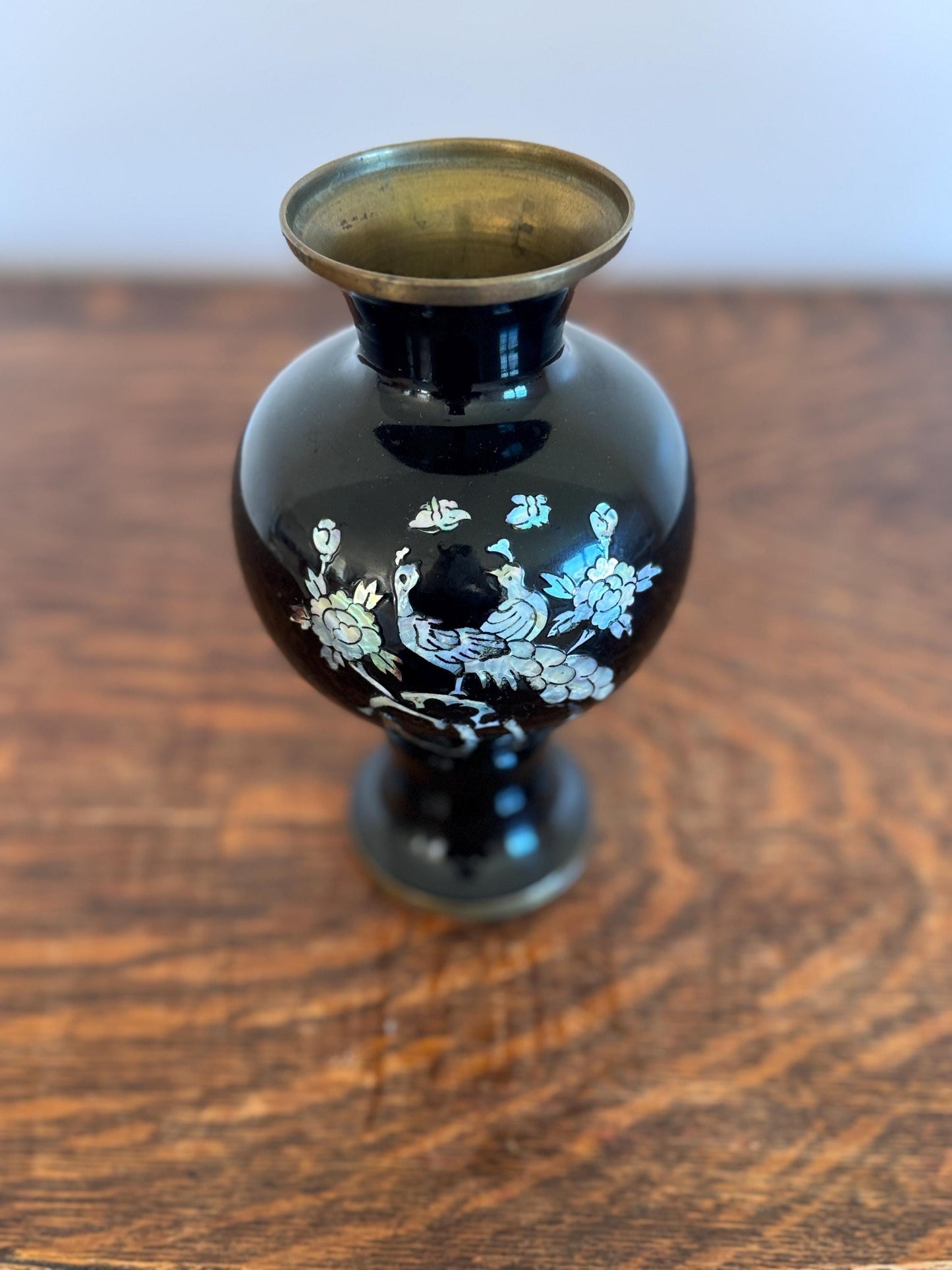 Vintage Korean Mother of Pearl Peacock Black Enamel with Brass Trim Vase