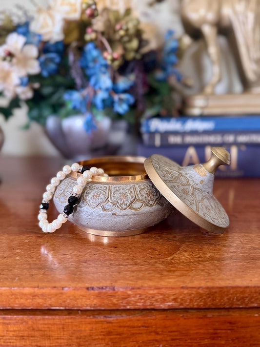 Vintage Brass two toned Blue Gray Trinket Bowl Dish that was Made in India