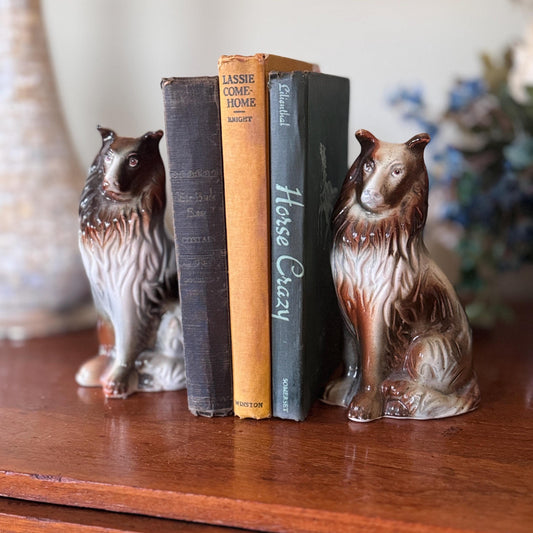 Vintage Ceramic Staffordshire Style Collie Dog Sculptures – Pair, Marked Brazil – Decorative Figurines / Bookends