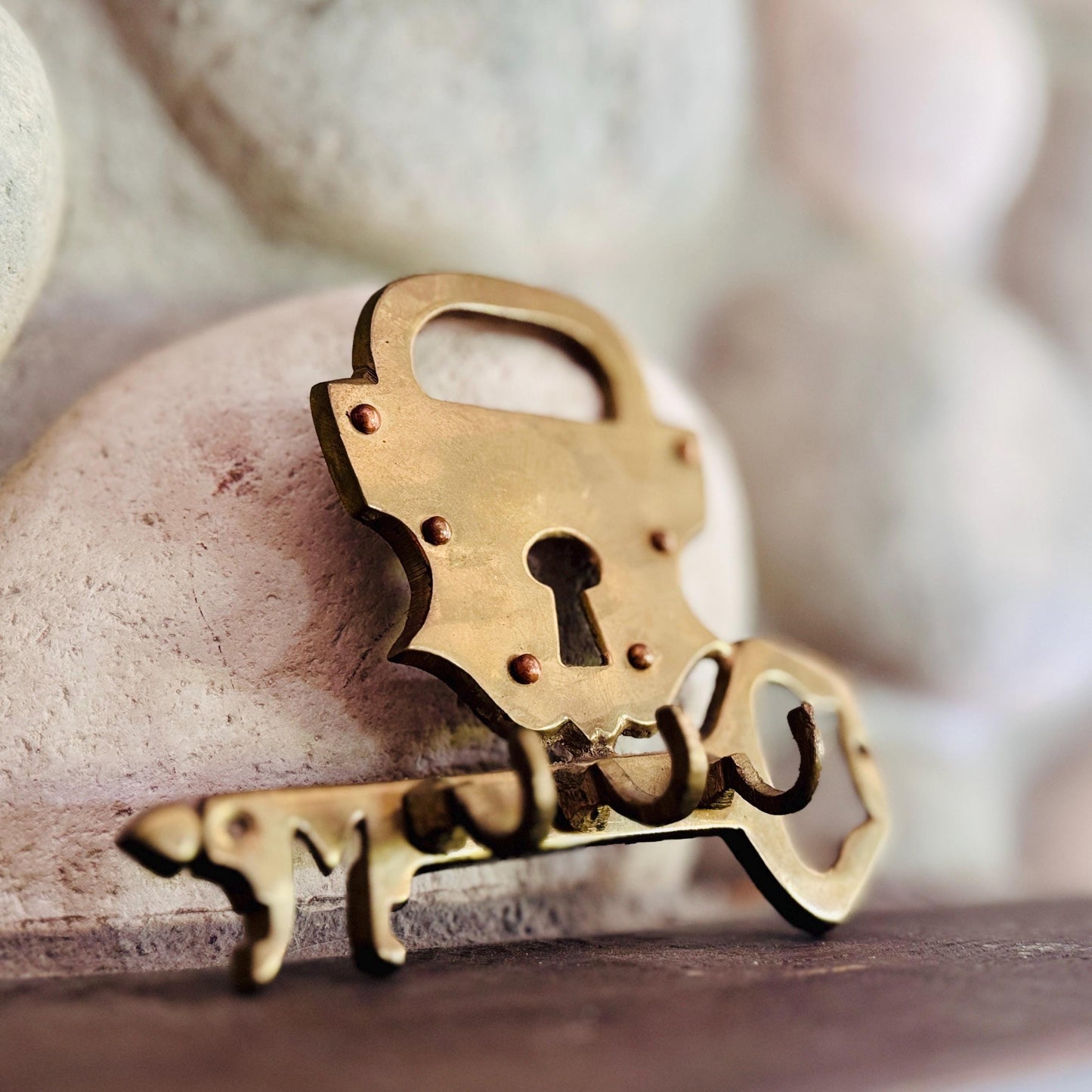 Vintage Solid Brass Padlock & Key Wall Hook – Made in India