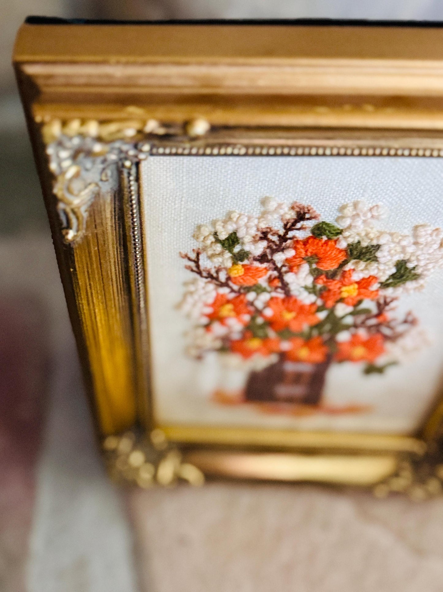 Vintage Crewel Needlepoint Hand-Embroidered Floral Art Framed in Ornate Gold Tone Frame