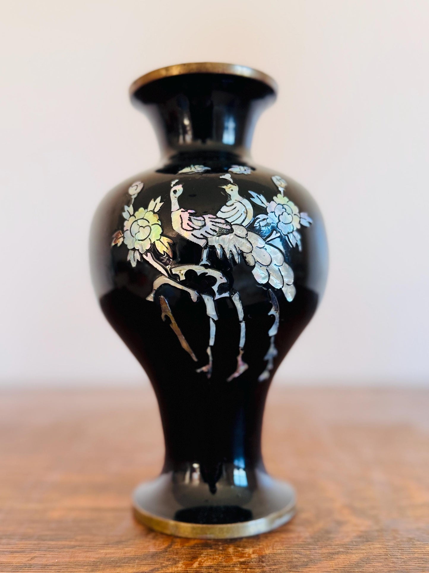 Vintage Korean Mother of Pearl Peacock Black Enamel with Brass Trim Vase