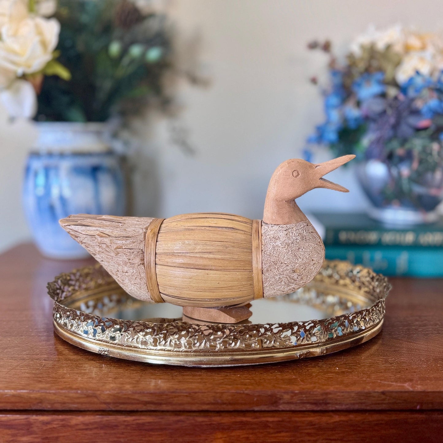 Rustic Wood & Bamboo Duck Sculpture: Farmhouse Folk Art Decor