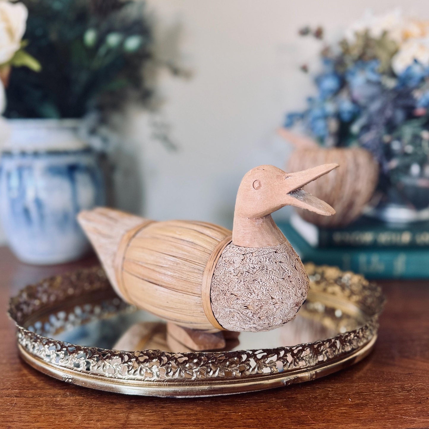 Rustic Wood & Bamboo Duck Sculpture: Farmhouse Folk Art Decor
