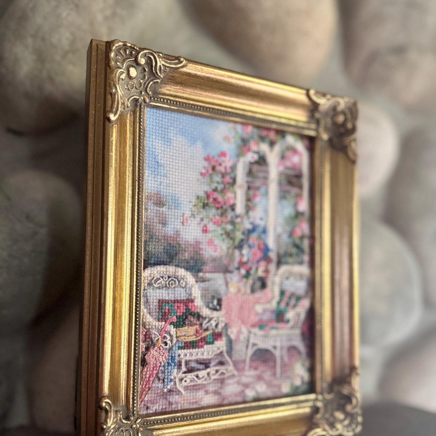 Vintage Needlepoint Crewel Framed Hand-Embroidered Floral Art Needlepoint in Ornate Gold Tone Frame