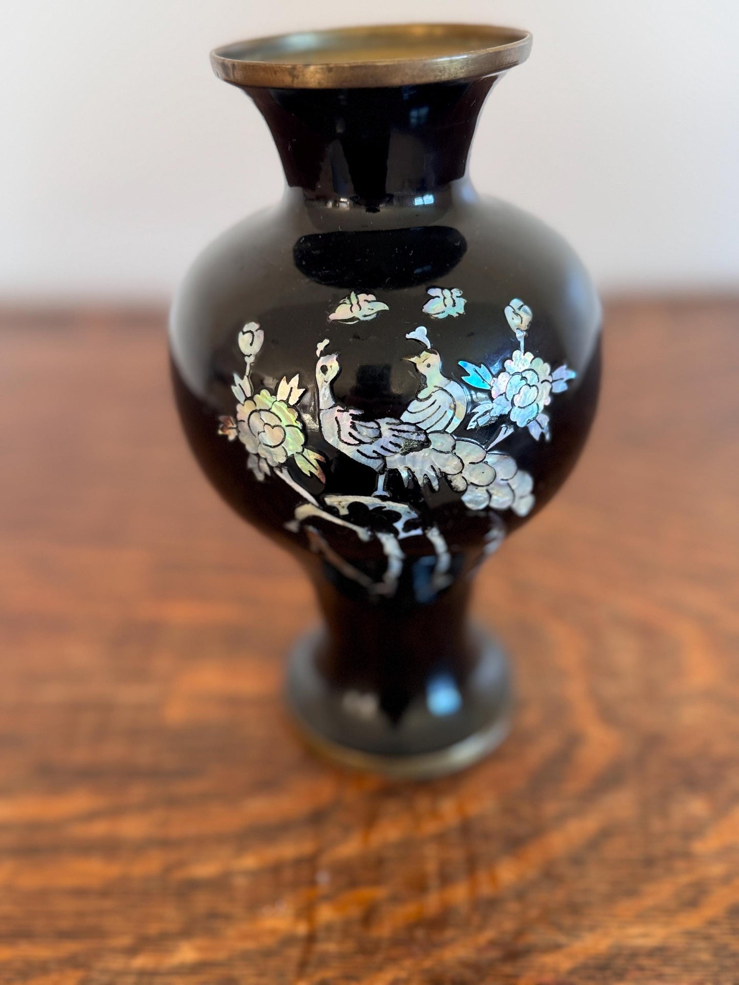 Vintage Korean Mother of Pearl Peacock Black Enamel with Brass Trim Vase