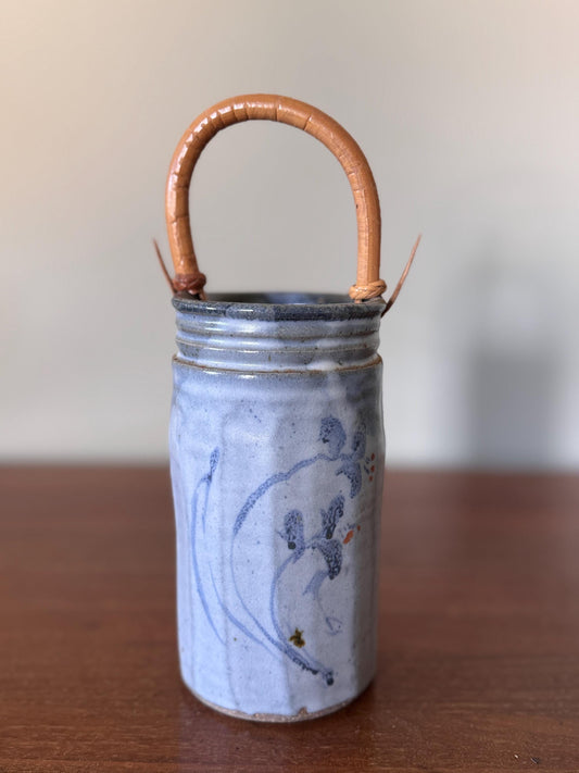 Vintage Studio Pottery Vase with Bamboo Handle Hand-Thrown Stoneware Jar with Blue Glaze & Abstract Brushwork