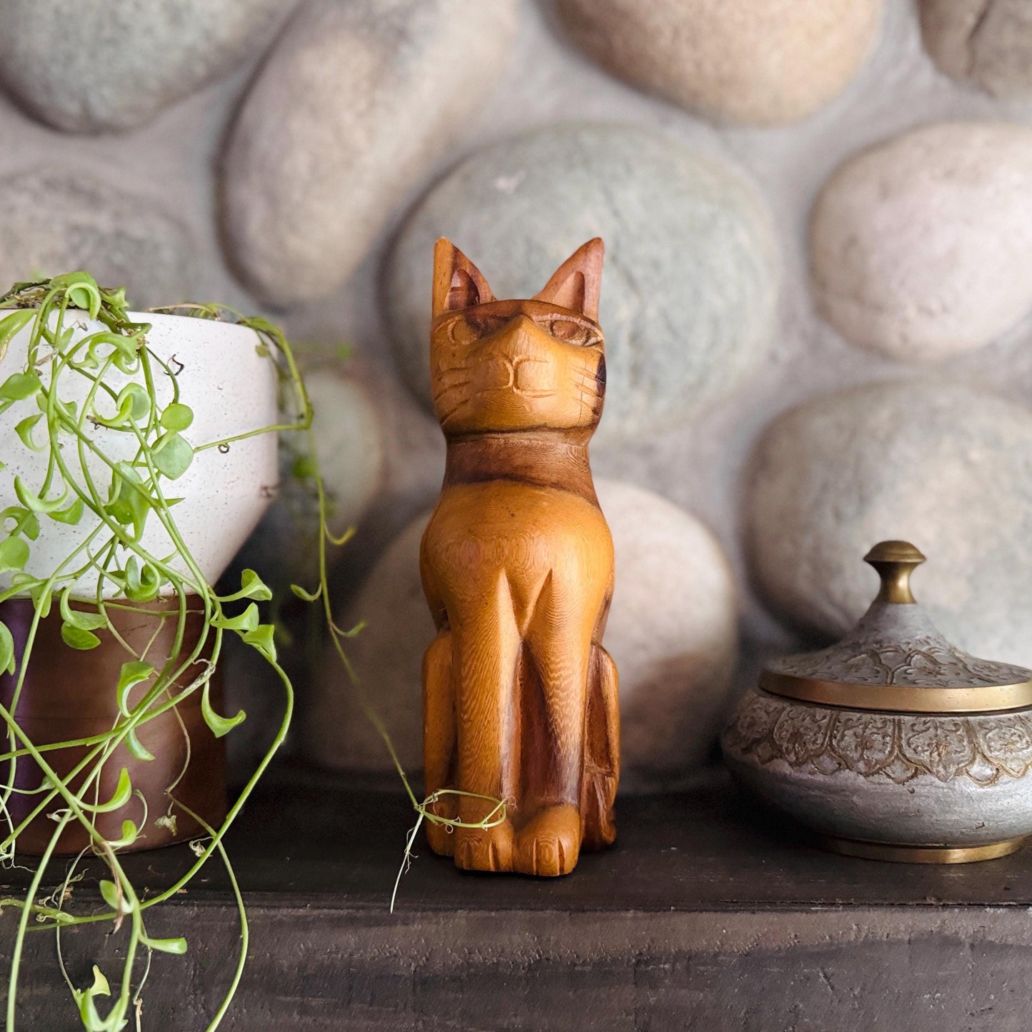 Vintage Hand Carved Wooden Mid Century Modern Cat Sculpture