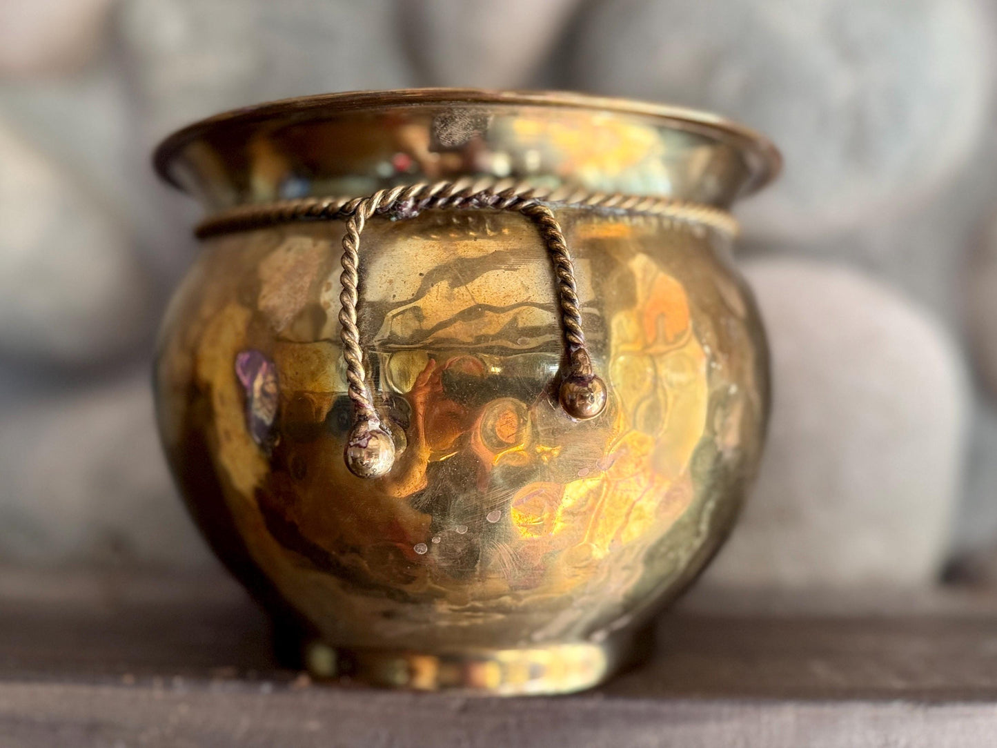 Vintage Hammered Brass Pot with Rope Detail: Boho Planter Bowl