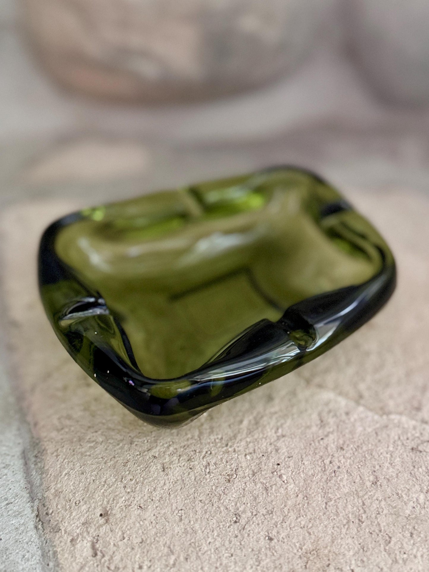 Olive Green Mid-Century Glass Ashtray Catchall – Heavy Retro Sculptural Form